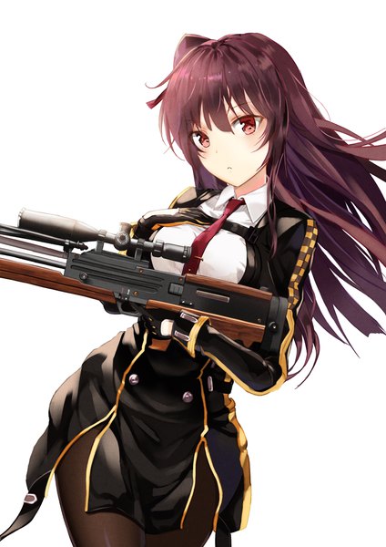 Anime picture 1600x2262 with girls frontline wa2000 (girls frontline) sseyeng (mgda7284) single long hair tall image looking at viewer blush fringe simple background hair between eyes red eyes brown hair standing white background holding one side up floating hair :< tsurime