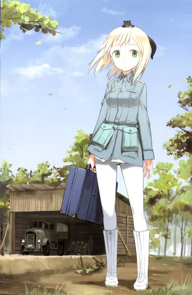 Anime picture 4560x6985 with strike witches elma leivonen shimada fumikane single tall image highres short hair blonde hair standing holding green eyes looking away absurdres sky cloud (clouds) full body outdoors wind scan official art