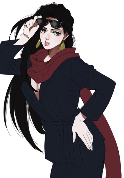 Anime picture 561x800 with jojo no kimyou na bouken lisa lisa halu-ca single long hair tall image black hair simple background white background green eyes looking away cleavage lips hand on hip sunglasses removed girl earrings scarf sunglasses red scarf