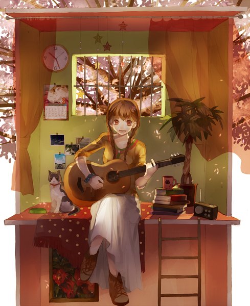 Anime picture 775x950 with original tsukioka tsukiho single long hair tall image looking at viewer fringe open mouth red eyes brown hair braid (braids) twin braids crossed legs polka dot wrist scrunchie girl skirt plant (plants) animal tree (trees)