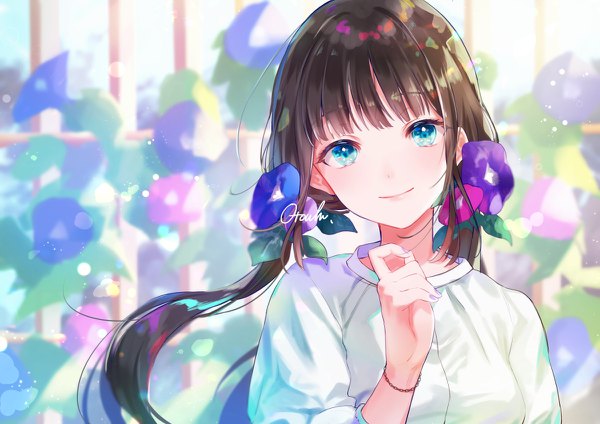 Anime picture 1200x848 with original otoufu (gotouhu) single long hair looking at viewer fringe blue eyes smile brown hair twintails signed upper body hair flower low twintails girl flower (flowers) morning glory