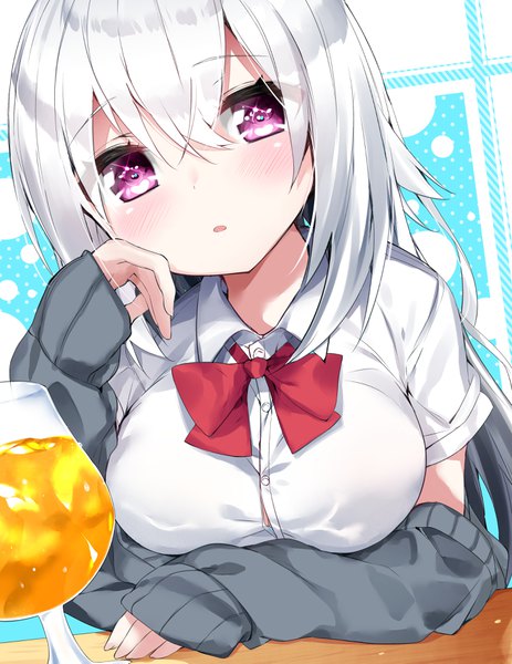 Anime picture 2828x3661 with original shiori (kamioka shun'ya) kamioka shun'ya single long hair tall image looking at viewer blush fringe highres breasts hair between eyes large breasts purple eyes payot silver hair upper body off shoulder :o short sleeves