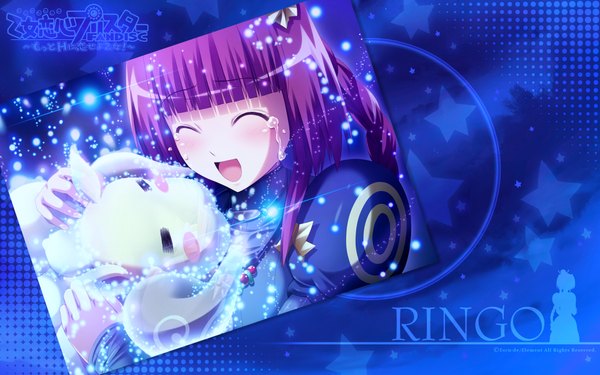 Anime picture 1920x1200 with otome renshin prister ringo (otome renshin prister) fuyumee hanataka retomo long hair blush fringe highres open mouth wide image purple hair blunt bangs eyes closed copyright name character names tears ^ ^ ^o^ girl animal