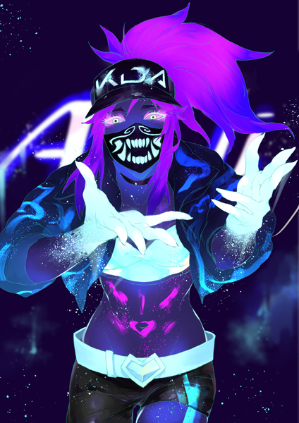 Anime picture 1000x1414 with league of legends k/da (league of legends) akali (league of legends) k/da akali user unny8553 single long hair tall image looking at viewer fringe hair between eyes standing payot purple hair ponytail fingernails open jacket midriff leaning leaning forward
