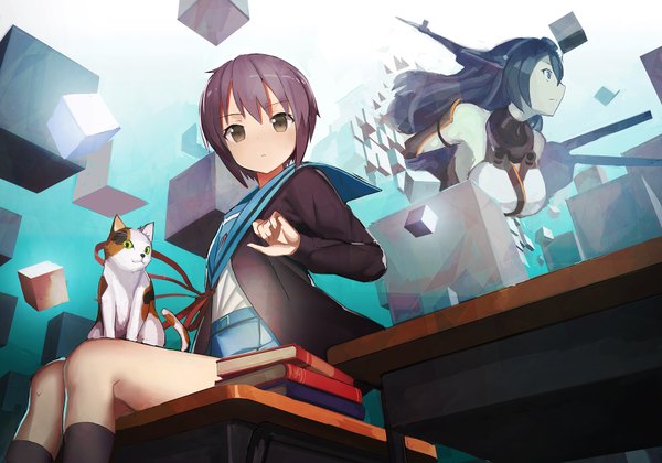 Anime picture 1800x1260 with kantai collection suzumiya haruhi no yuutsu kyoto animation nagato yuki nagato battleship shamisen (suzumiya haruhi) ccaw long hair looking at viewer blush fringe highres short hair black hair brown hair sitting multiple girls brown eyes parted lips profile