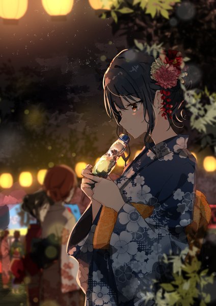 Anime picture 579x818 with original kurottari tall image blush fringe short hair black hair brown hair standing multiple girls holding brown eyes looking away cloud (clouds) outdoors traditional clothes japanese clothes profile night wide sleeves