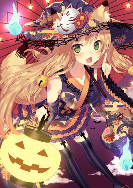 Anime picture 708x1000 with original toujou mina single long hair tall image looking at viewer blush fringe breasts open mouth blonde hair holding green eyes animal ears tail traditional clothes :d japanese clothes animal tail wide sleeves