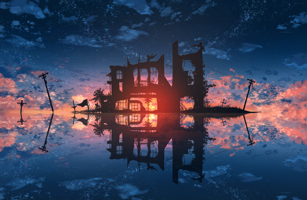 イラスト 2942x1912 と オリジナル ツチヤ highres cloud (clouds) sunlight night night sky evening reflection sunset scenic ruins architecture 植物 翼 木 水 十字 送電線 pole
