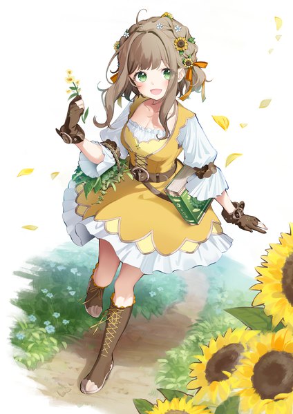 Anime picture 1158x1637 with original luna (mi-chanman) single tall image looking at viewer short hair open mouth brown hair green eyes full body :d hair flower girl dress gloves flower (flowers) knee boots sunflower partly fingerless gloves yellow dress