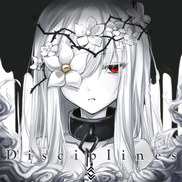 Anime picture 1280x1280 with original lesyef103 single long hair looking at viewer fringe red eyes silver hair upper body inscription monochrome covering eye (eyes) spot color flower over eye girl flower (flowers) chain collar wreath head wreath