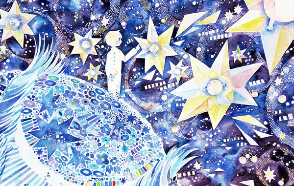 Anime picture 1100x700 with original maple (cyakapon) blush short hair standing profile space boy star (stars) planet