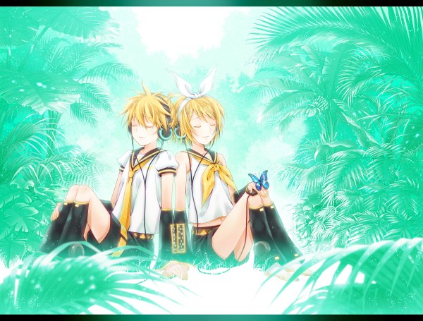 Anime picture 1200x910 with vocaloid kagamine rin kagamine len yuuno (yukioka) short hair sitting eyes closed twins girl boy hair ornament ribbon (ribbons) hair ribbon detached sleeves tree (trees) necktie headphones hairclip insect butterfly