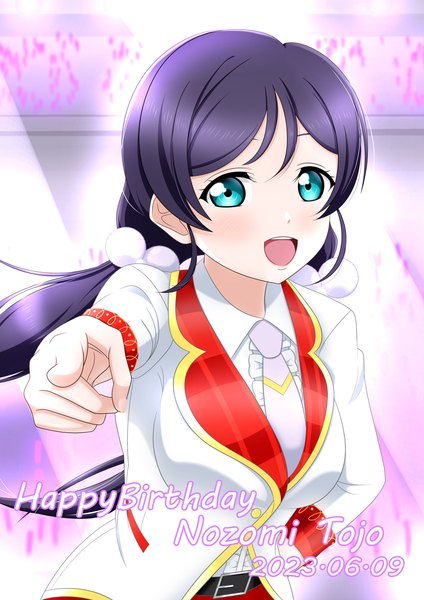 Anime picture 2894x4093 with love live! school idol project sunrise (studio) love live! toujou nozomi obor0r0r0r0r0r0 single long hair tall image looking at viewer blush highres breasts open mouth smile standing twintails purple hair upper body :d aqua eyes