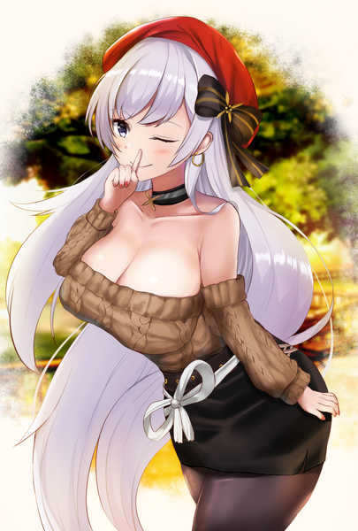 Anime picture 1378x2039 with azur lane belfast (azur lane) belfast (shopping with the head maid) (azur lane) sabamiso (tomomon021831) single tall image looking at viewer blush fringe breasts light erotic smile large breasts standing purple eyes bare shoulders cleavage silver hair blunt bangs very long hair