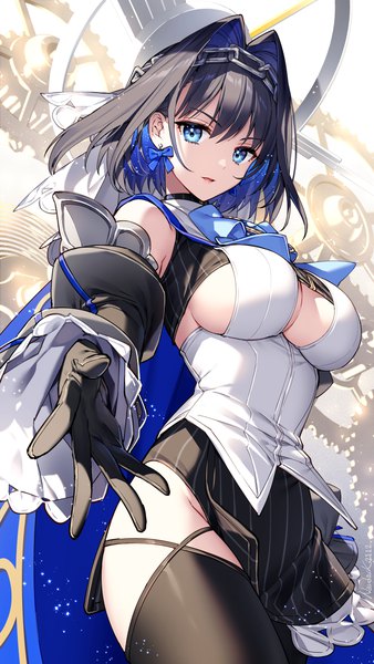 Anime picture 3938x7000 with virtual youtuber hololive hololive english ouro kronii ouro kronii (1st costume) nardack single tall image looking at viewer fringe highres short hair breasts open mouth blue eyes light erotic black hair hair between eyes large breasts standing