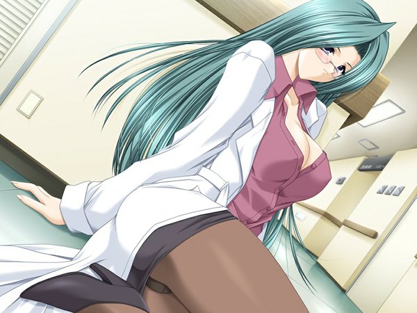 Anime picture 1024x768 with nursery song (game) long hair breasts light erotic large breasts game cg green hair black eyes pantyshot girl miniskirt glasses