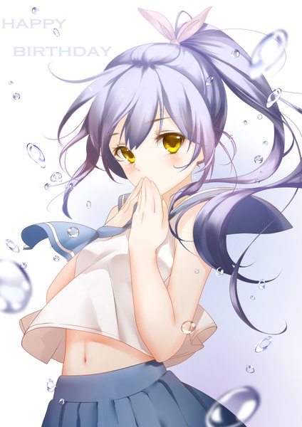 Anime picture 2480x3507 with original clouble single long hair tall image looking at viewer blush highres simple background bare shoulders yellow eyes payot purple hair ponytail bare belly covered mouth happy birthday girl navel uniform