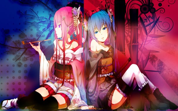 Anime picture 1920x1200 with vocaloid hatsune miku megurine luka ogipote long hair highres blue eyes light erotic wide image sitting purple eyes twintails multiple girls pink hair ponytail japanese clothes hair flower holding hands pantyshot sitting smoking