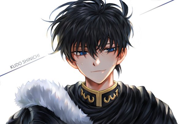 Anime picture 1000x676 with detective conan kudou shinichi ha nee2 single looking at viewer fringe short hair blue eyes black hair simple background hair between eyes white background upper body light smile fur trim character names boy fur