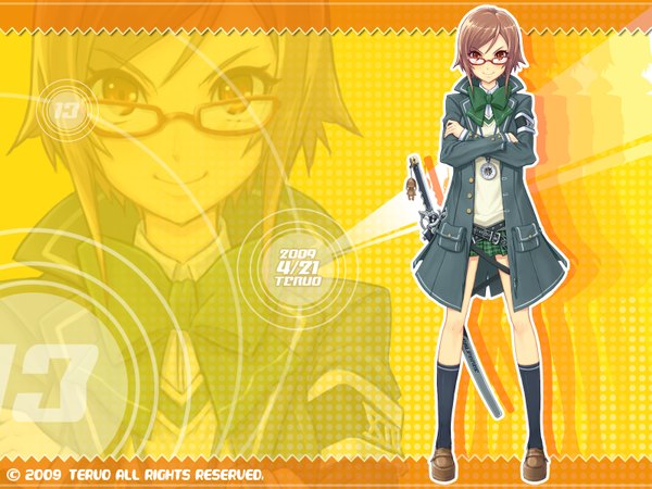 Anime picture 1600x1200 with original tel-o single brown hair brown eyes yellow background zoom layer girl sword glasses serafuku