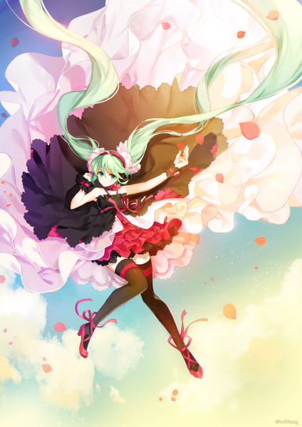 Anime picture 800x1131 with 7th dragon 2020 project diva f 2nd vocaloid hatsune miku tobbang single tall image looking at viewer fringe blue eyes hair between eyes twintails bare shoulders sky cloud (clouds) outdoors very long hair head tilt green hair zettai ryouiki