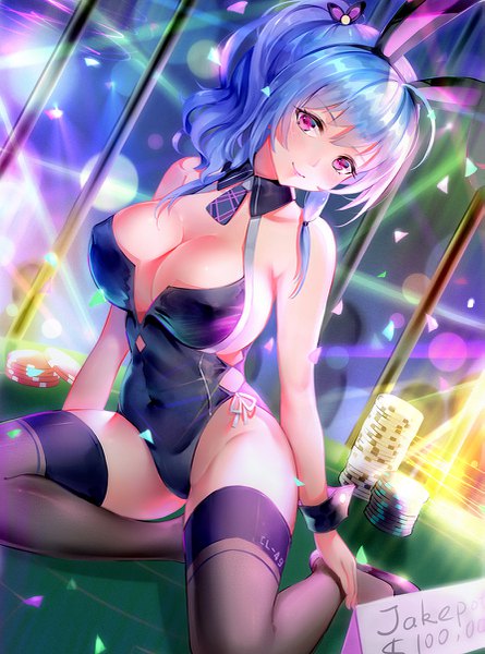 Anime picture 891x1200 with azur lane st. louis (azur lane) asanogawa (tutufcc) single long hair tall image looking at viewer blush fringe breasts light erotic smile hair between eyes large breasts sitting purple eyes bare shoulders animal ears payot blue hair