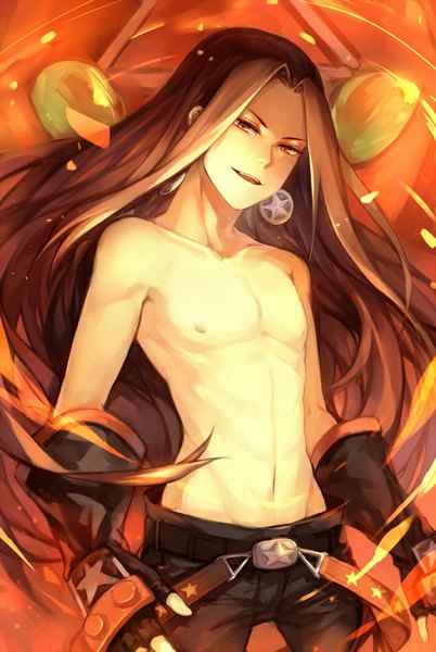 Anime picture 700x1043 with shaman king xebec asakura hao pananada long hair tall image looking at viewer light erotic brown hair standing from below muscle shirtless boy gloves navel earrings fingerless gloves pants suspenders