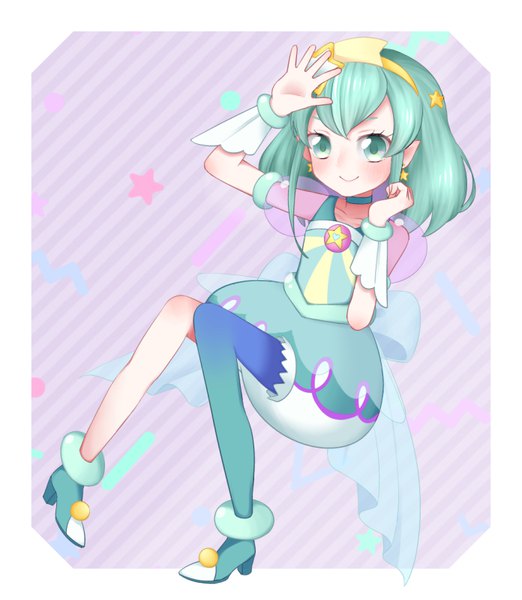 Anime picture 696x800 with precure star twinkle precure toei animation hagoromo lala cure milky ensan single tall image looking at viewer blush fringe short hair simple background smile payot full body arm up aqua eyes aqua hair high heels