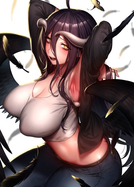 Anime picture 714x1000 with overlord (maruyama) madhouse albedo (overlord) eatora single long hair tall image looking at viewer blush fringe breasts open mouth light erotic black hair simple background white background sitting yellow eyes cleavage ahoge