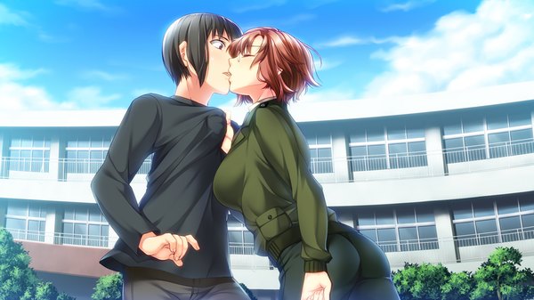 Anime picture 1280x720 with gun knight girl himori ayato komiya tamaki sumeragi kohaku short hair black hair red eyes brown hair wide image game cg eyes closed couple kiss girl boy