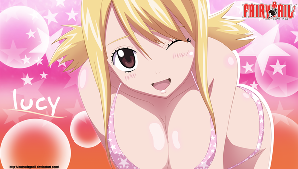 Anime picture 2144x1217 with fairy tail lucy heartfilia natsudrgonil single long hair blush highres breasts open mouth light erotic blonde hair smile wide image large breasts brown eyes one eye closed wink inscription coloring star print