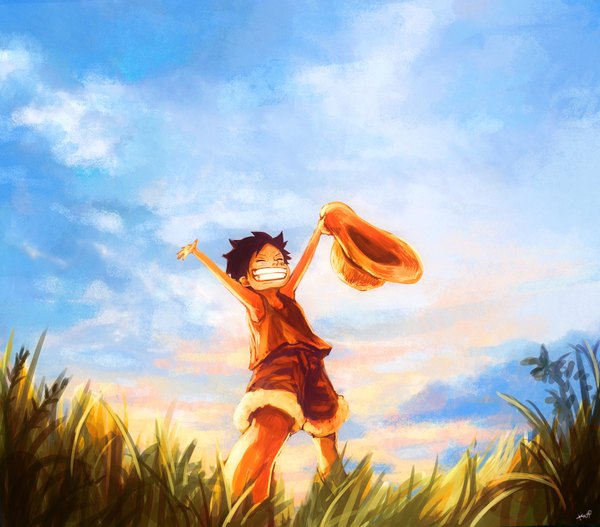 Anime picture 1630x1432 with one piece toei animation monkey d. luffy tsuyomaru single short hair black hair smile signed sky eyes closed evening happy sunset spread arms scar alternate age younger boy plant (plants)