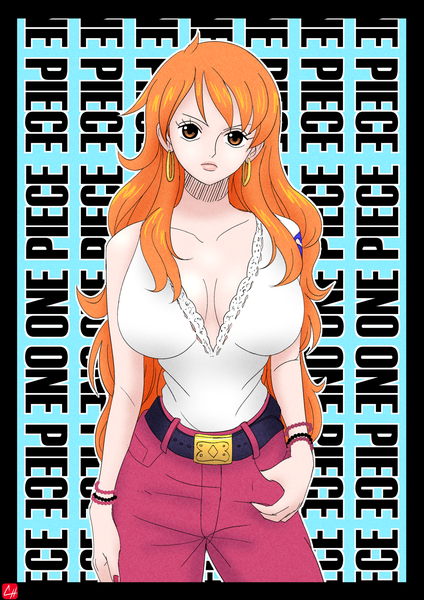 Anime picture 1280x1811 with one piece toei animation nami (one piece) chris re5 single long hair tall image looking at viewer fringe breasts light erotic large breasts standing brown eyes signed cleavage nail polish fingernails lips orange hair