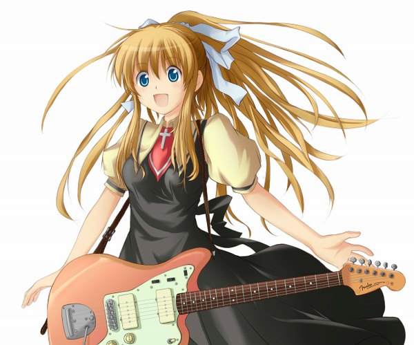Anime picture 1280x1066 with air key (studio) kamio misuzu long hair open mouth blue eyes blonde hair white background girl dress ribbon (ribbons) hair ribbon guitar