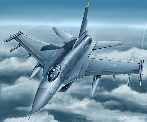 Anime picture 1064x882 with original kcme sky cloud (clouds) flying pilot weapon airplane jet f-16c