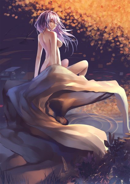 Anime picture 1075x1520 with original mou kankan (tims1111) single long hair tall image looking at viewer fringe breasts light erotic large breasts sitting bare shoulders purple hair pink eyes looking back wind bare belly bare legs girl water