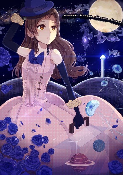Anime picture 827x1169 with original shimashima single long hair tall image brown hair brown eyes looking away girl dress gloves flower (flowers) hat petals elbow gloves rose (roses) moon blue rose train