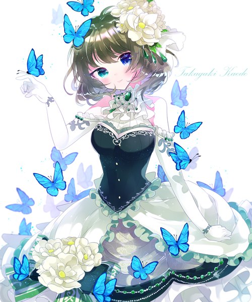Anime picture 1083x1300 with idolmaster idolmaster cinderella girls takagaki kaede remimim single tall image looking at viewer blush short hair simple background brown hair white background head tilt hair flower character names heterochromia butterfly on hand life-sized distance girl dress