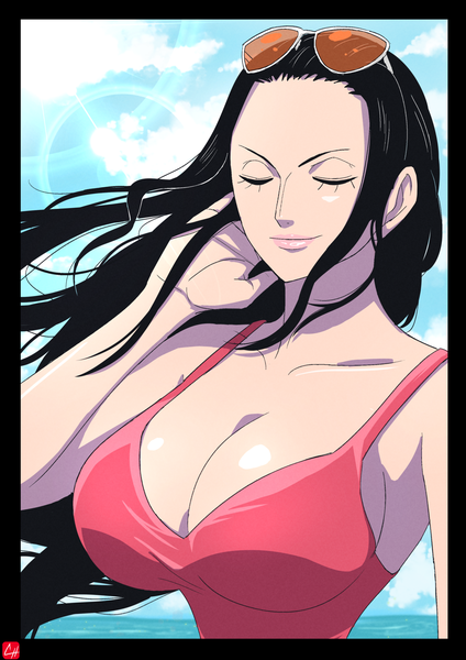 Anime picture 1280x1811 with one piece toei animation nico robin chris re5 single long hair tall image breasts light erotic black hair large breasts signed sky cleavage cloud (clouds) upper body eyes closed light smile wind lips