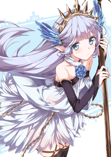 Anime picture 600x847 with granblue fantasy lily (granblue fantasy) haruyuki (yukichasoba) single long hair tall image looking at viewer blush fringe blue eyes standing bare shoulders purple hair long sleeves from above pointy ears leaning leaning forward girl thighhighs