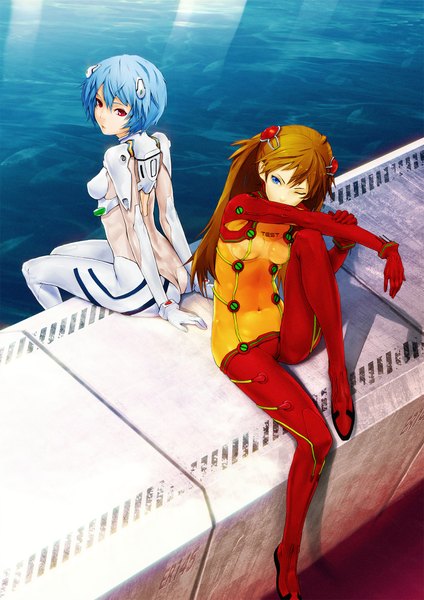 Anime picture 1500x2122 with neon genesis evangelion gainax soryu asuka langley ayanami rei redjuice long hair tall image highres short hair blue eyes light erotic red eyes brown hair multiple girls blue hair one eye closed looking back wink from behind girl
