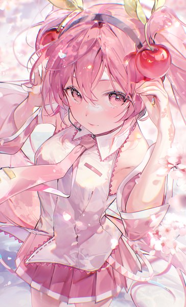 Anime-Bild 2480x4093 mit vocaloid hatsune miku sakura miku ame929 single long hair tall image looking at viewer fringe highres hair between eyes twintails pink hair pleated skirt pink eyes from above arms up girl skirt detached sleeves