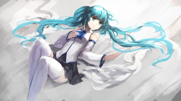 Anime picture 1512x850 with vocaloid hatsune miku swd3e2 single wide image twintails looking away lying very long hair aqua eyes aqua hair on back zettai ryouiki girl thighhighs skirt detached sleeves miniskirt white thighhighs vest