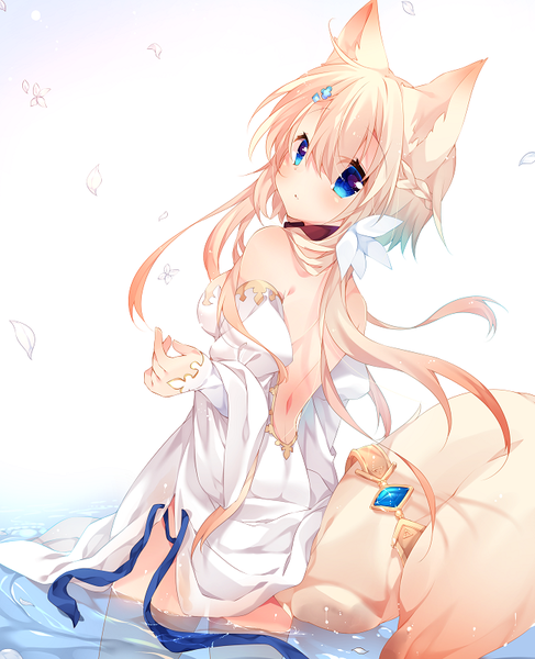 Anime picture 650x800 with original kazato fuuchi single tall image looking at viewer blush fringe short hair blue eyes simple background blonde hair hair between eyes standing white background bare shoulders animal ears payot ahoge tail braid (braids)