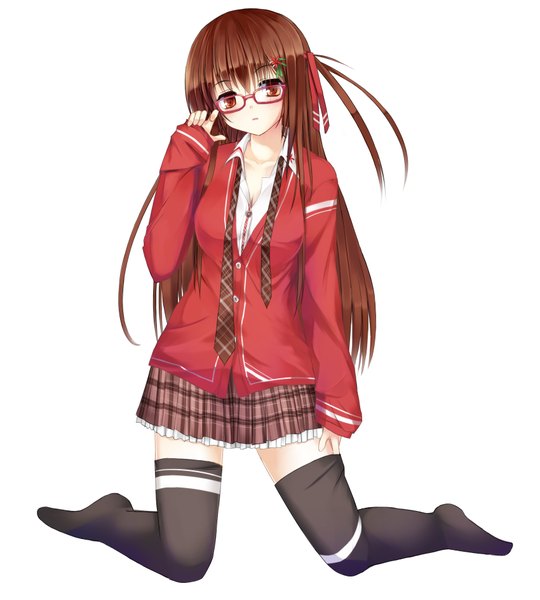 Anime picture 1699x1888 with original niboss single long hair tall image simple background brown hair white background brown eyes zettai ryouiki girl thighhighs skirt black thighhighs miniskirt glasses necktie