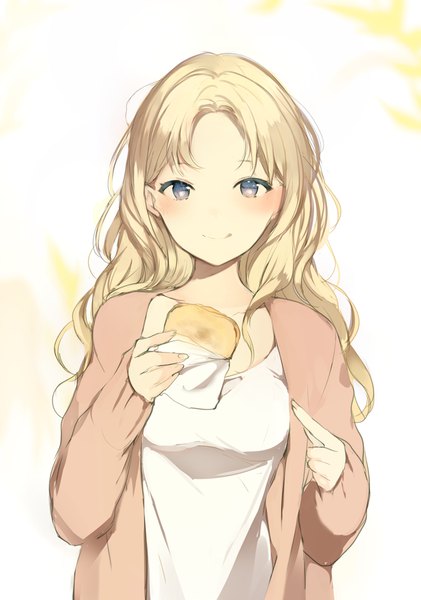 Anime picture 650x926 with original lpip single long hair tall image looking at viewer blush simple background blonde hair smile standing white background holding upper body long sleeves grey eyes :q pointing girl food
