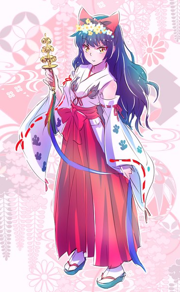 Anime picture 1238x2000 with rwby rooster teeth blake belladonna iesupa single long hair tall image looking at viewer black hair standing yellow eyes full body traditional clothes japanese clothes hair flower wide sleeves miko paw print outline girl
