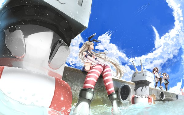 Anime picture 1920x1200 with kantai collection shimakaze destroyer kongou battleship rensouhou-chan hiei battleship pen (pixiv257621) long hair highres blonde hair brown hair wide image sitting multiple girls brown eyes sky cloud (clouds) nontraditional miko girl thighhighs gloves