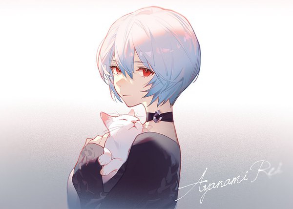 Anime picture 1000x714 with neon genesis evangelion gainax ayanami rei ask (askzy) single looking at viewer fringe short hair simple background hair between eyes red eyes silver hair upper body character names gradient background girl animal choker cat