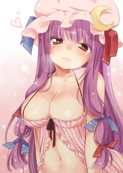 Anime picture 1000x1399 with touhou patchouli knowledge single long hair tall image blush fringe breasts light erotic large breasts bare shoulders brown eyes purple hair girl navel ribbon (ribbons) hair ribbon hat moon